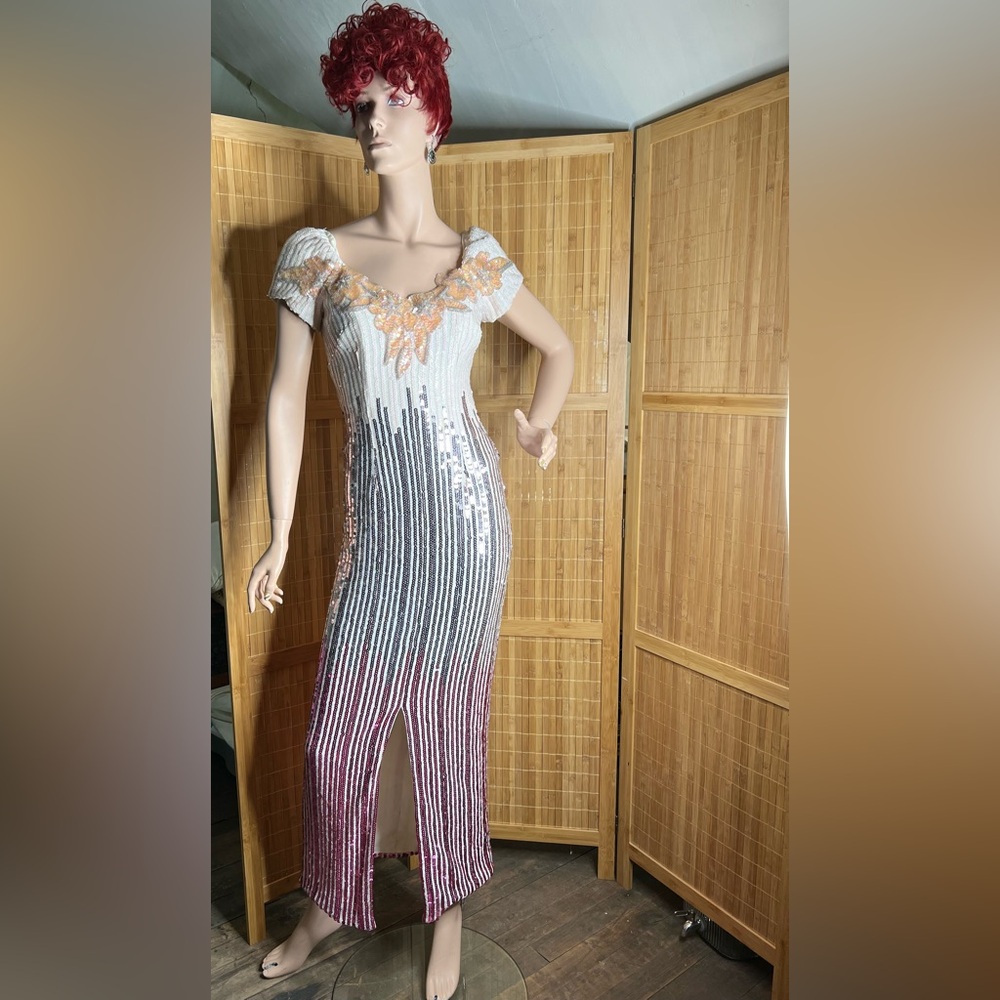 Alyce Designs Vintage Sequin Gown with Floral Detail Size 6